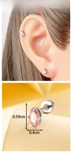 Macro view of marquise pink zircon stud earring with silver setting and size dimensions
