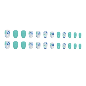 Oval floral press-on nails set in mint green and white flower patterns 24pcs