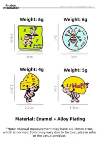 Detail of four colorful cartoon ant enamel pins with sizes and dimensions in cm