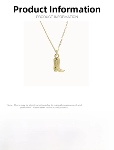 Detail of 18k brass cowboy boot pendant necklace showing 45+5cm chain length and 5g weight