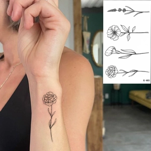 Waterproof tattoo stickers featuring black floral line art and model wrist display