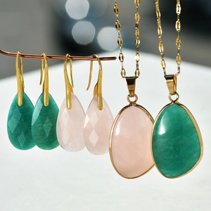 Pink and green crystal waterdrop jewelry set with gold-plated necklaces and earrings