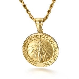 Classic gold Mary medallion pendant with twisted chain on a white studio background