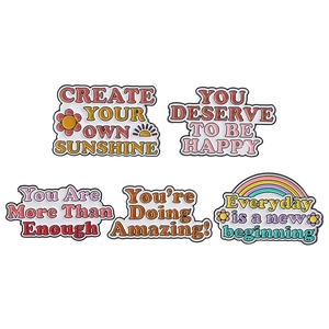Set of 5 colorful enamel pins with positive quotes like Create Your Own Sunshine