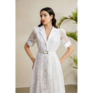 Robe élégante en dentelle blanche à manches lanternes et col pour le style d'automne