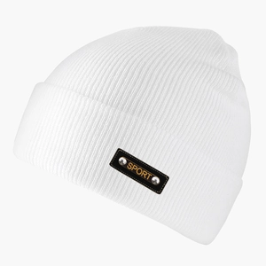 Detailed view of white ribbed knit beanie with black 'SPORT' tag and silver rivet accents