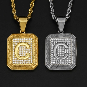 Hip hop style gold and silver square letter C pendant necklaces with sparkling rhinestones