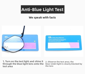 Test filtro luce blu che mostra la protezione degli occhiali su scheda di test