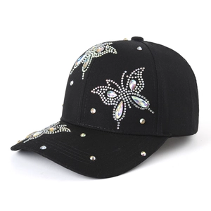 Black women's baseball cap with colorful rhinestone butterfly and outdoor sun protection