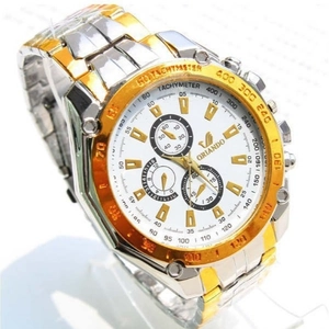 ORLANDO Men Business Sport Quartz Watch Gold Silver Two Tone Steel Strap with Tachymeter Bezel