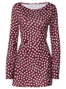 Chic burgundy long sleeve slim fit dress featuring classic white polka dot pattern design
