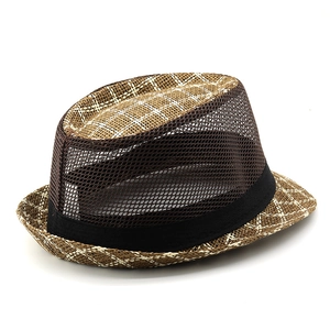 Detail of summer straw fedora hat featuring breathable dark brown mesh and plaid weave texture