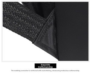 Detailed close-up of reinforced stitching and durable nylon webbing on a black backpack