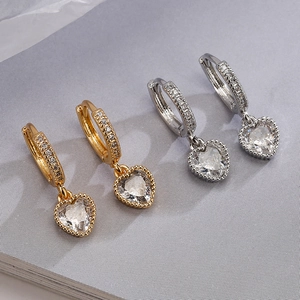 Heart Pendant Hoop Earrings Exquisite Copper Gold Plated Cubic Zirconia Drop Jewelry For Women Elegant Fashion