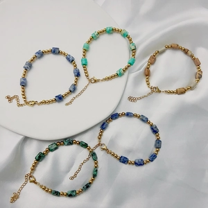 Bohemian stacked natural stone beaded bracelets with adjustable titanium steel gold chains