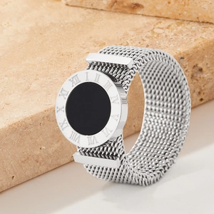 Silver stainless steel mesh band ring featuring Roman numerals and black center accent