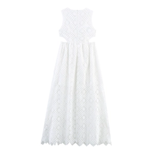 Elegantes weißes ärmelloses Spitzen-Maxikleid mit Taillenausschnitt und floralen Mustern