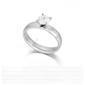 Detail view of 4mm stainless steel ring with 4-prong square zircon setting and size data