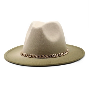 Gradient beige and olive green wool fedora hat with a bold gold chain band accessory