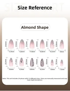 Detailed size chart for almond press-on nails featuring 12 sizes and 24 pieces total