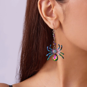 Colorful spider drop earrings with sparkling rhinestones for Halloween costume party wear
