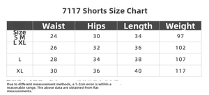 Detailed size chart for high waist yoga shorts showing waist and hip measurements in cm