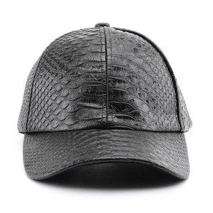Classic black faux snakeskin leather baseball cap with textured finish and curved brim
