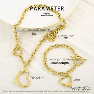 Detailed specs of gold heart pendant necklace and bracelet set in stainless steel