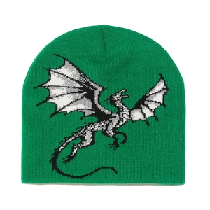 Close-up of bright green knitted beanie showing the intricate dragon pattern and fabric texture