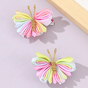 Handmade colorful butterfly hair clips with satin ribbon and rhinestones for girls
