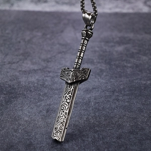 Vintage silver broken sword pendant in stainless steel with Nordic carvings on stone