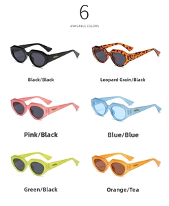 Cat eye sunglasses detail showing six color options with thick frames and gold temple accents