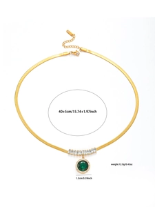 Detailed view of emerald green stone pendant on gold snake chain with dimensions shown