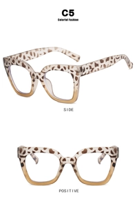 Detailed views of cat-eye eyewear frames with leopard print and amber finish