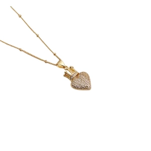 Golden necklace with heart-shaped crown pendant inlaid with cubic zirconia stones