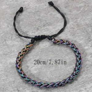 Rainbow stainless steel NK chain bracelet with adjustable black braided cord detail