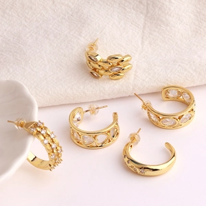 Orecchini Zircone Forma C Geometrici Rame Placcato Oro 18K Cuore Ovale Stella Luna Per Donna Eleganti Trendy