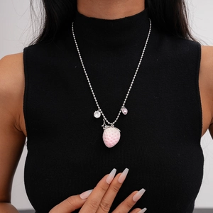 Pink Flocked Strawberry Pendant Necklace Stainless Steel Silver Bead Chain Zircon Heart Star Charm Sweet Jewelry For Women