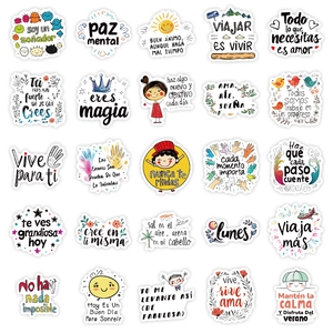 Detail view showing 25 unique Spanish motivational stickers with artistic hand-drawn quotes