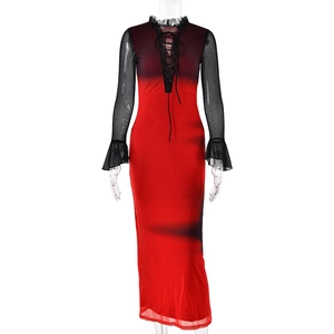 Elegant red and black gradient mesh maxi dress with flare sleeves and lace-up neck design