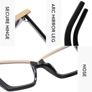 Detailed views of cat-eye frames featuring secure metal hinges and arc mirror legs