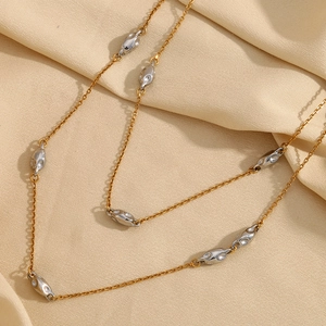 Double Layer Bead Chain Necklace Stainless Steel 18K Gold Plated Two Tone Irregular Geometric Pendant Fashion For Women