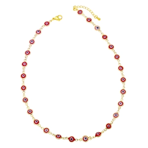 Fashionable gold chain necklace featuring multiple red evil eye charms with adjustable clasp