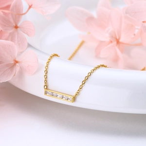 925 Sterling Silver Gold Necklace with a rectangular bar pendant and zircon stones