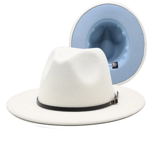 White wool fedora detail showing a black leather band and contrasting light blue brim underside