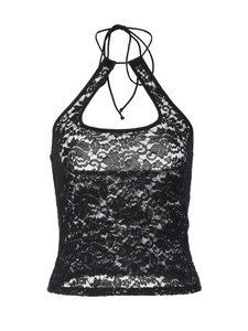 Haut licou sexy en dentelle noire pour femme avec motifs floraux et dos ouvert
