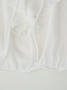 Elegant white V-neck blouse with ruffled layers and tie-front detail for women