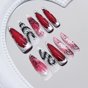 Gothic stiletto press on nails with red silver gradient and centipede patterns