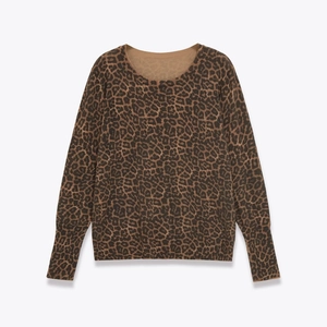 Women Leopard Print Knitted Sweater Crew Neck Long Sleeve Polyester Acrylic Pullover Slim Fit Casual Retro Top