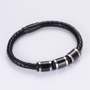 Men's braided leather bracelet with stainless steel magnetic clasp and silver accents